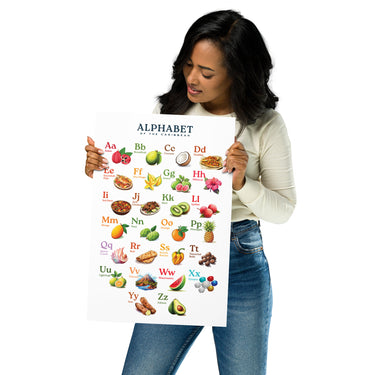 12 by 18 Product mockup of a woman holding the Caribbean Alphabet Poster featuring colorful illustrations of tropical fruits, foods, and cultural elements for each letter, including ackee, breadfruit, jerk chicken, roti, and tamarind balls. Educational ABC wall art for kids, classrooms, and nurseries.