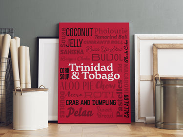 Trinidadian food word art poster with classic dishes like chow, souse, and sweet bread. Bright red Caribbean wall art for kitchens, cafes, or gift-giving.