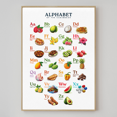 Caribbean Alphabet Poster featuring colorful illustrations of tropical fruits, foods, and cultural elements for each letter, including ackee, breadfruit, jerk chicken, roti, and tamarind balls. Educational ABC wall art for kids, classrooms, and nurseries.
